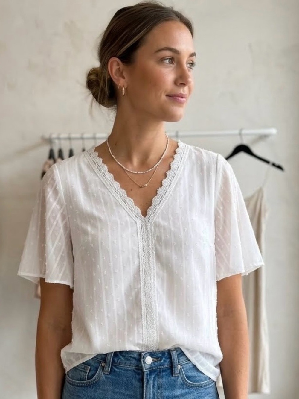 SHEIN White Swiss Dot Chiffon Flutter Sleeve Top Size Small